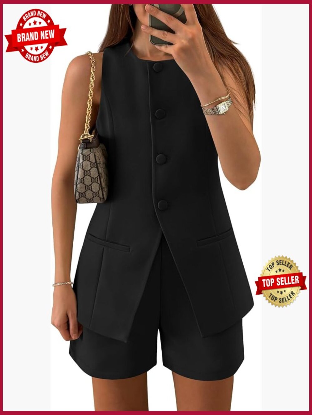 Sleeveless 2 Piece Short Set - Business Casual Suit Vest & High Waist Shorts
